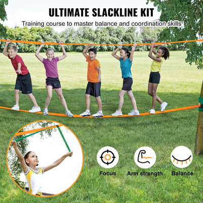 Κιτ VEVOR Slackline με γραμμή προπόνησης, εξοπλισμός 60 ποδιών Backyard Slack Line, Εύκολη εγκατάσταση Σφιχτό σχοινί για ενήλικες για παιδιά, πλήρες σετ Slackline με προστατευτικά δέντρων, γυμναστής βραχιόνων, τσάντα μεταφοράς και οδηγίες