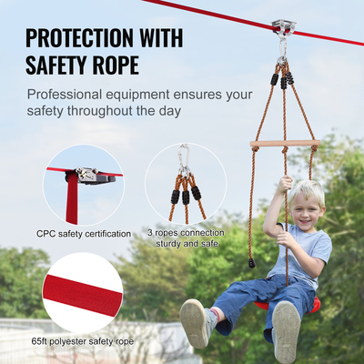 Κιτ Zipline VEVOR για παιδιά και ενήλικες, κιτ φερμουάρ 65 ποδιών έως 500 λίβρες, φερμουάρ Γρήγορης ρύθμισης εξωτερικού χώρου πίσω αυλή, Ψυχαγωγία παιδικής χαράς με φερμουάρ, νάιλον ζώνη ασφαλείας, κάθισμα και τιμόνι