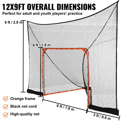 VEVOR Γκολ για χόκεϊ και λακρός Backstop με εκτεταμένη κάλυψη, δίχτυ λακρός 12&#039; x 9&#039;, δίχτυ προπόνησης ολοκληρωμένων αξεσουάρ, Γρήγορη εύκολη εγκατάσταση Εξοπλισμός λακρός στο πίσω μέρος, ιδανικό για προπόνηση ενηλίκων νέων