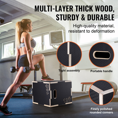 VEVOR 3 σε 1 Plyometric Jump Box, 16/14/12 Inch Wooden Plyo Box, Platform &amp; Jumping Agility Box, Anti-slip Fitness Exercise Step Up Box for Home Gym Training, Conditioning Strength Training, Μαύρο