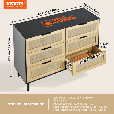 Συρταριέρα VEVOR Rattan Dresser Natural Rattan Closet Dresser 6 Συρτάρια για υπνοδωμάτιο