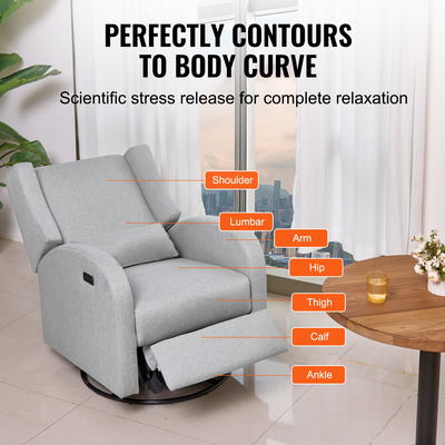 VEVOR Electronic Power Recliner and Swivel Glider, 250 lbs Weight Capacity Swivel Glider Recliner Chair με ρυθμιζόμενη γωνία, πολυεστερική επιφάνεια ανάκλιντρο για σαλόνι, υπνοδωμάτιο, ανοιχτό γκρι
