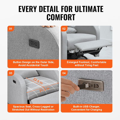 VEVOR Electronic Power Recliner and Swivel Glider, 250 lbs Weight Capacity Swivel Glider Recliner Chair με ρυθμιζόμενη γωνία, πολυεστερική επιφάνεια ανάκλιντρο για σαλόνι, υπνοδωμάτιο, ανοιχτό γκρι