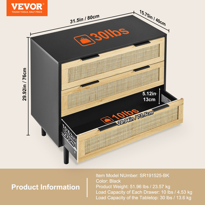 Συρταριέρα VEVOR Rattan Dresser Natural Rattan Closet Dresser 3 Συρτάρια για υπνοδωμάτιο