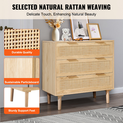 Συρταριέρα VEVOR Rattan Dresser Natural Rattan Closet Dresser 3 Συρτάρια για υπνοδωμάτιο