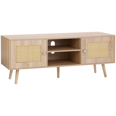 Βάση τηλεόρασης VEVOR Rattan, Ντουλάπι τηλεόρασης Boho για τηλεόραση 55 ιντσών, μοντέρνα βάση τηλεόρασης Mid Century, Κονσόλα τηλεόρασης Rattan με ρυθμιζόμενα ράφια για σαλόνι, αίθουσα πολυμέσων, δρυς