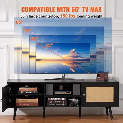 Βάση τηλεόρασης VEVOR Rattan για τηλεόραση Boho 65&quot; με ενσωματωμένη πρίζα μαύρη