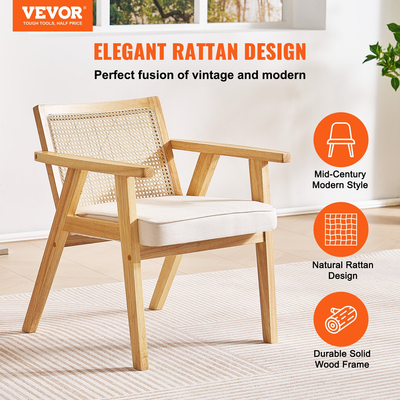 Καρέκλα VEVOR Rattan, Μοντέρνα Καρέκλα Τραπεζαρίας Mid Century με υποβραχιόνιο, Επενδυμένη Καρέκλα με Πλάτη Rattan, Ρετρό Καρέκλα Κουζίνας Rattan Τραπεζαρίας για Σαλόνι, Υπνοδωμάτιο, Αναγνωστήριο και Γραφείο, Μπεζ