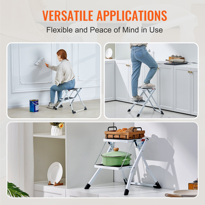 VEVOR Step Ladder 2-Step χωρητικότητας 150kg, Εργονομικό αναδιπλούμενο σκαμπό από ατσάλι με φαρδύ αντιολισθητικό πεντάλ, στιβαρό σκαμπό για ενήλικες νήπια, πολλαπλή χρήση για οικιακό, κουζίνα, γραφείο, τροχόσπιτα