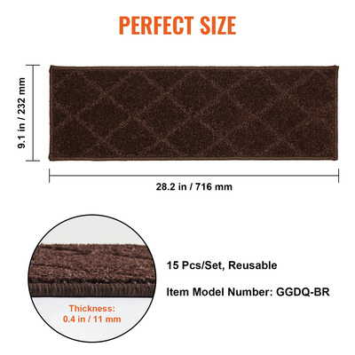 VEVOR Πέλματα σκαλοπατιών, Χαλί σκαλοπατιών Αντιολισθητικό 9&quot; x 28&quot;, Δρομέας σκαλοπατιών εσωτερικού χώρου για Ξύλινα σκαλοπάτια, Αντιολισθητικό χαλί Χαλιά σκαλοπατιών με μαλακές ακμές Πατάκια για παιδιά ηλικιωμένους και σκύλους, 15 τμχ, καφέ