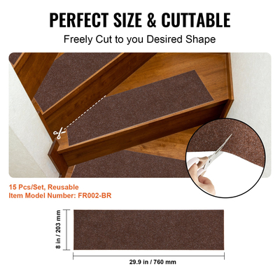 VEVOR Πέλματα σκαλοπατιών, Χαλί σκαλοπατιών Αντιολισθητικό 8&quot; x 30&quot;, Δρομέας Εσωτερικής Σκάλας για Ξύλινα Σκαλοπάτια, Αντιολισθητικό Χαλιά Σκάλας Χαλιά για παιδιά Ηλικιωμένους και σκύλους, 15 τμχ, Καφέ