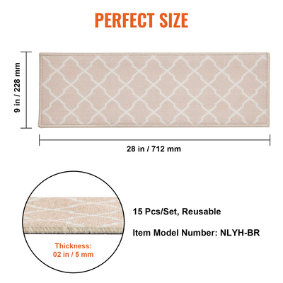 VEVOR Πέλματα σκαλοπατιών, Χαλί σκαλοπατιών Αντιολισθητικό 9&quot; x 28&quot;, Δρομέας σκαλοπατιών εσωτερικού χώρου για ξύλινα σκαλοπάτια, αντιολισθητικό χαλί Χαλιά σκαλοπατιών με μαλακές ακμές Ματάκια για παιδιά ηλικιωμένους και σκύλους, 15 τμχ, ανοιχτό καφέ