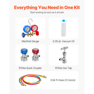 VEVOR 3.5 CFM HVAC Μονοβάθμιο Περιστροφικό πτερύγιο αντλίας κενού και κιτ μετρητή πολλαπλής