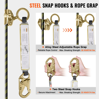 VEVOR Vertical Lifeline 150ft (45,7m) Outdoor Climbing Rope Black &amp; Yellow