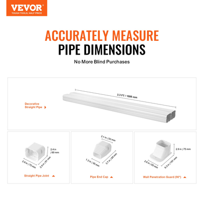 VEVOR Mini Split Line Set Cover 76,2mm W 2270mm L, PVC Διακοσμητικό κάλυμμα γραμμής σωλήνα για κλιματιστικό με 2 ίσιες αγωγούς &amp; πλήρη εξαρτήματα Εύκολη εγκατάσταση, Βάφεται για Αντλίες Θερμότητας, Λευκό