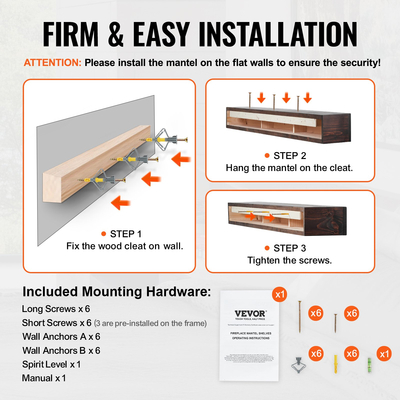 VEVOR Τζάκι Ξύλινο Ράφι Πλωτό Ρουστίκ Καπάκι Τζάκι 72&quot; Καφέ