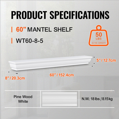 VEVOR Τζάκι Mantel Ξύλινο Ράφι Πλωτό Ράφι Σαλονιού 60&quot; Λευκό