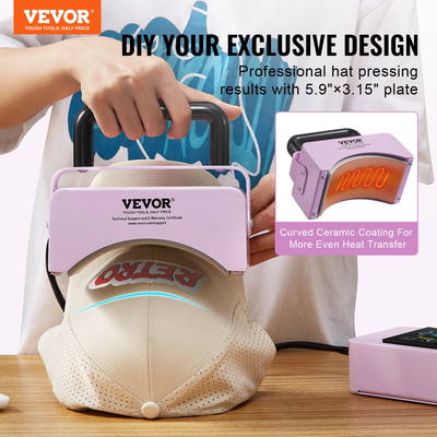 Μηχάνημα πρέσας καπέλων VEVOR Μίνι πρέσα θερμότητας καπέλου για καπάκια 5,9x3,15 ιντσών Πλάκα μωβ