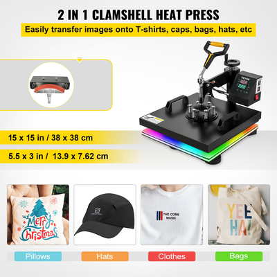 VEVOR Heat Press Machine, 15x15inch / 38x38cm, 2IN1 Clamshell Sublimation Transfer Printer with Teflon Coating, Digital Precise Heat Control, Powerpress for T-shirts Καπέλα Καπέλα