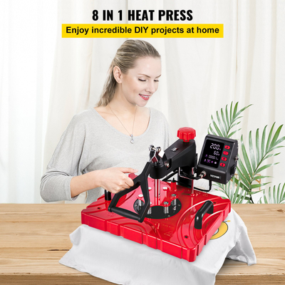 VEVOR Heat Press 12X15 Inch 8 in 1 Heat Pressure 1000W Heat Press Machine with 360° Rotation Swing Away Red Heat Press T-Shirt Machine Sublimation Dual-tube Heating for DIY Caps Κούπες και πουκάμισα