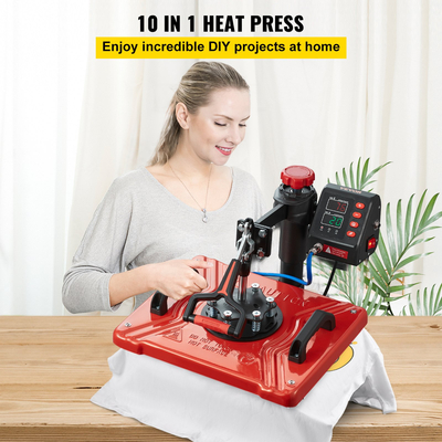 VEVOR Heat Press 12X15 Inch 10 in 1 Heat Pressure 1000W Heat Press Machine with 360° Rotation Swing Away Red Heat Press T-Shirt Machine Sublimation Dual-tube Θέρμανση για στυλό DIY Καπάκια Κούπες και πουκάμισα