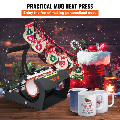 VEVOR Mug Heat Press, 11oz/11,5cm και 20oz/22cm Two Platens, LCD Cup Machine Press with Deptable Transfer Sublimation Mats, DIY Presser for Coffee Skinny Tumblers, Silica-gel Printing, Black