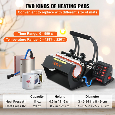 VEVOR Mug Heat Press, 11oz/11,5cm και 20oz/22cm Two Platens, LCD Cup Machine Press with Deptable Transfer Sublimation Mats, DIY Presser for Coffee Skinny Tumblers, Silica-gel Printing, Black