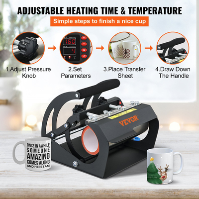 VEVOR Mug Heat Press, 11oz/11,5cm και 20oz/22cm Two Platens, LCD Cup Machine Press with Deptable Transfer Sublimation Mats, DIY Presser for Coffee Skinny Tumblers, Silica-gel Printing, Black
