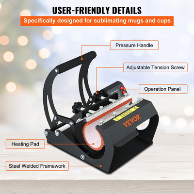 VEVOR Mug Heat Press, 11oz/11,5cm και 20oz/22cm Two Platens, LCD Cup Machine Press with Deptable Transfer Sublimation Mats, DIY Presser for Coffee Skinny Tumblers, Silica-gel Printing, Black