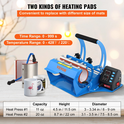 VEVOR Mug Heat Press, 11oz/11,5cm και 20oz/22cm Two Platens, LCD Cup Machine Press with Deptable Transfer Sublimation Mats, DIY Presser for Coffee Skinny Tumblers, Silica-gel Printing, Blue