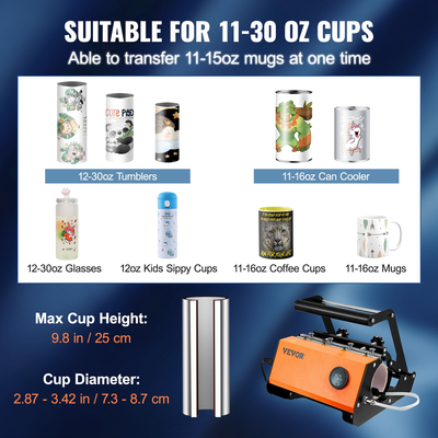 VEVOR Mug Heat Press, 30oz Tumbler Heat Press Machine, Sublimation Transfer 11-15oz 16-25oz 30oz Straight Skinny Tumblers, Cup Heat Press with Heat-sistant Gloves &amp; Tape, DIY Keramic Mugs Cups Glasses