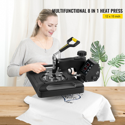 VEVOR Heat Press Machine 12 x 15 Inch 8 in 1 Heat Press 360° Swing Away Black Heat Press 1000W Μηχάνημα εκτύπωσης πουκάμισου 8 σε 1 Θέρμανση διπλού σωλήνος για πιάτα DIY Καπάκι κούπες