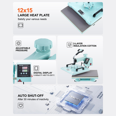 Μηχάνημα θερμικής πρέσας VEVOR 12x15 σε 5 σε 1 με Πράσινο T-Shirts Tumbler Press 30oz