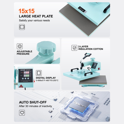 Μηχάνημα θερμικής πρέσας VEVOR 15x15 σε 5 σε 1 με Πράσινο T-Shirts Tumbler Press 30oz