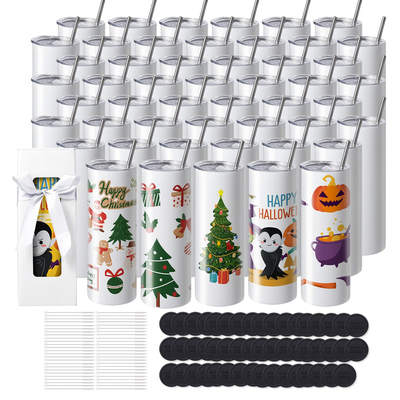 VEVOR 50 Pack ίσια ποτήρια εξάχνωσης, 20 ουγκιές κενό κύπελλα ποτηριού, από ανοξείδωτο χάλυβα διπλού τοιχώματος ποτηράκια με άχυρο, καπάκι, βούρτσα, βάση, συρρικνωμένο περιτύλιγμα, κουτί δώρου, για πίεση θερμότητας και μεταφορά θερμότητας