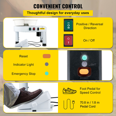 VEVOR Pottery Wheel, 11in Ceramic Wheel Forming Machine, 0-300rpm Speed ​​Manual Adjustable 0-7,8in Lift Leg, Foot Pedal Departable Basin, Sculpting Tool Tool Accessory Kit for Work Art Craft DIY 220V