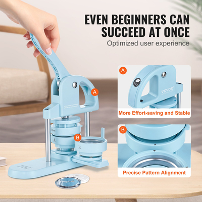 VEVOR Button Maker, 1/1,25/2,28 inch (25/32/58mm) 3-IN-1 Pin Maker, 300pcs Button Parts, Button Maker Machine with Panda Magic Book, Ergonomic Arc Handle Punch Press Kit, For Children DIY Gifts, Blue