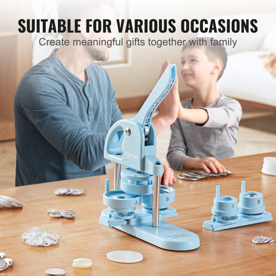 VEVOR Button Maker, 1/1,25/2,28 inch (25/32/58mm) 3-IN-1 Pin Maker, 300pcs Button Parts, Button Maker Machine with Panda Magic Book, Ergonomic Arc Handle Punch Press Kit, For Children DIY Gifts, Blue