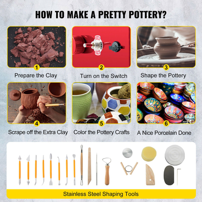 VEVOR 0-2000 RPM Τροχός κεραμικής, Μίνι κεραμικός τροχός 30 W, Μηχανήματα πηλό DIY ρυθμιζόμενης ταχύτητας, ηλεκτρικά κιτ γλυπτικής με 3 δίσκους πικάπ και εργαλεία 16 τεμ.