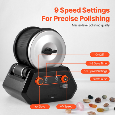 VEVOR Rock Tumbler Kit 4 lbs Rock Polisher 9 Speeds 9-day Timer with Grits