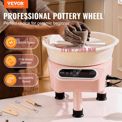 VEVOR Pottery Wheel 11in Keramic Wheel Foot Pedal Screen Touch 450W 3 Legs Pink