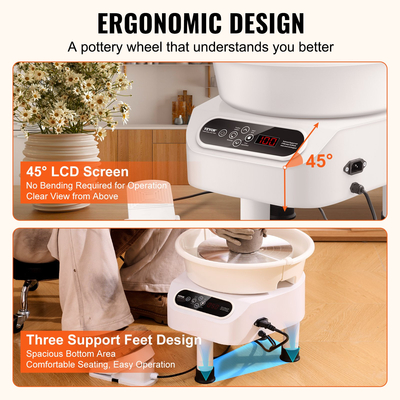 VEVOR Pottery Wheel 11in Ceramic Wheel Foot Pedal Screen Touch 450W 3 Legs White