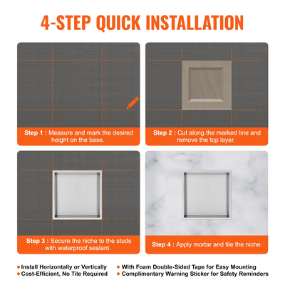 VEVOR 33,02 x 33,02 cm No Tile Shower Niche 304 Inox, Inserted Wall-Inserted Niche Double Ralfes, Σφραγισμένη αδιάβροχη ανθεκτική στη σκουριά, Μοντέρνα θέση για αποθήκευση σαπουνιού μπάνιου ντους, ασημί