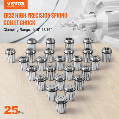 VEVOR 25 τεμ. ER32 Collet Set, 1/16&#039;&#039;-13/16&#039;&#039;, ER32 Spring Collet Chuck Set, 0,0006&quot;/15 μm TIR Lathe Chuck Tool with 25 Labeled Storage Boxes, for CNC Graving Machine Press Milling Lathe Tool Drill