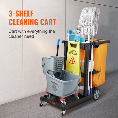 VEVOR Cleaning Cart, 3-ράφι Εμπορικό καρότσι καθαρισμού, χωρητικότητας 200 lbs Πλαστικό καρότσι καθαρισμού, με τσάντα PVC 25 γαλονιών, 47&quot; x 20&quot; x 38,6&quot;, Κίτρινο+Μαύρο