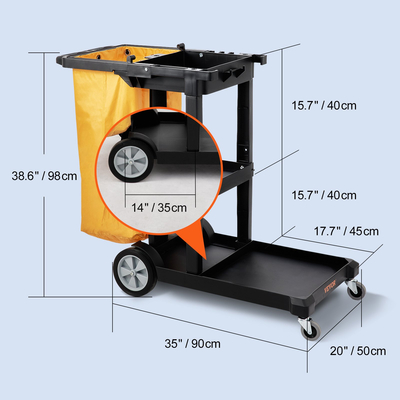 VEVOR Cleaning Cart, 3-ράφι Εμπορικό καρότσι καθαρισμού, χωρητικότητας 200 lbs Πλαστικό καρότσι καθαρισμού, με τσάντα PVC 25 γαλονιών, 47&quot; x 20&quot; x 38,6&quot;, Κίτρινο+Μαύρο