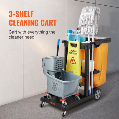 VEVOR Cleaning Cart, 3-ράφι Εμπορικό καλάθι φύλαξης, χωρητικότητας 200 lbs Πλαστικό καρότσι καθαρισμού, με τσάντα και κάλυμμα PVC 25 γαλονιών, 47&quot; x 20&quot; x 38,6&quot;, κίτρινο+μαύρο