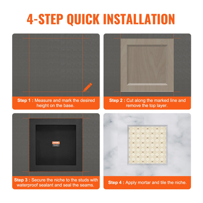 VEVOR ντουζιέρα έτοιμη για πλακάκια 40,64 x 40,64 εκ., μονή οργάνωση ραφιού, τετράγωνες γωνίες με εσοχή τοίχου, σφραγισμένη προστασία μοντέρνα θέση αποθήκευσης σαπουνιού για μπάνιο ντους, μαύρο