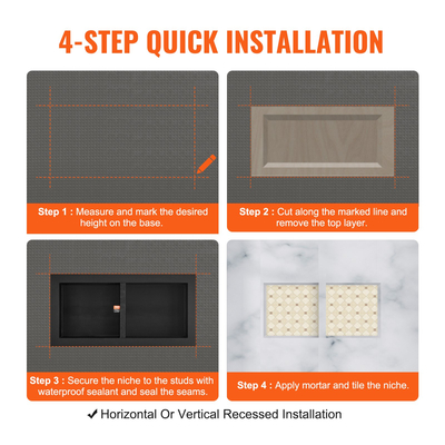 VEVOR ντουζιέρα έτοιμη για πλακάκια 40,64 x 81,28 εκ., Διπλό ράφι οργάνωσης, τετράγωνες γωνίες στον τοίχο εσοχή εσοχή, σφραγισμένη προστασία μοντέρνα θέση αποθήκευσης σαπουνιού για μπάνιο ντους, μαύρο