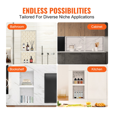 VEVOR ντουζιέρα έτοιμη για πλακάκια 40,64 x 81,28 εκ., Διπλό ράφι οργάνωσης, τετράγωνες γωνίες στον τοίχο εσοχή εσοχή, σφραγισμένη προστασία μοντέρνα θέση αποθήκευσης σαπουνιού για μπάνιο ντους, μαύρο